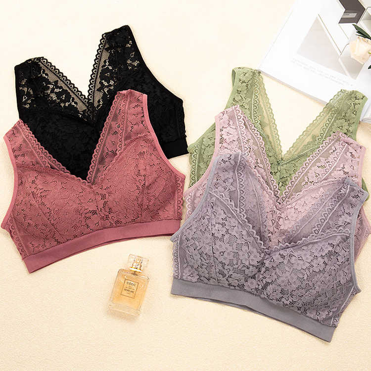 New arrival ladies elegant seamless lace underwear wireless removable pad push up vest bra