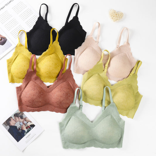 Thailand Latex Sling Lace Bra Without Steel Ring One Piece No Trace Comfortable Small Chest Gathered Underwear Female Bra Summer
