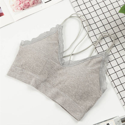 Wholesale seamless elastic double straps bralette girls removable padded camisole sexy v neck lace tube top wireless sports bra