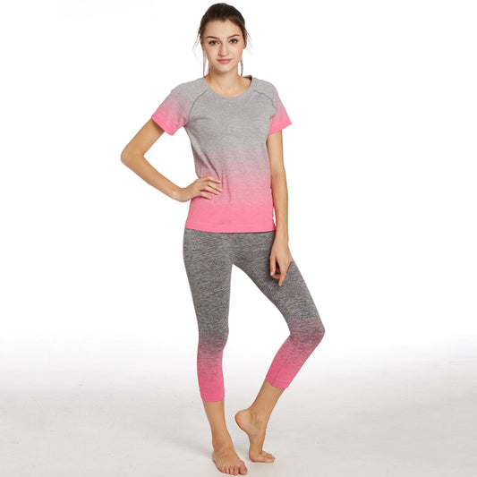 Wholsale Elastic Short Sleeve Gym Seamless Yoga Set Women Short Sleeve Casual Two Piece Sport Set Women Clothing