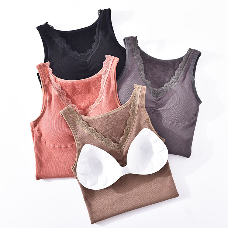 Women's winter autumn cotton terry thermal underwear stretchy slim push up shapewear lace V neck removable pad seamless vest