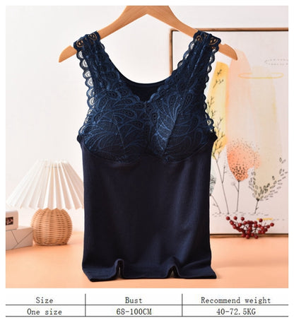 Cotton terry lace slim thermal seamless underwear soft women winter V-neck vest with removable pad