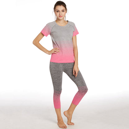 Wholsale Elastic Short Sleeve Gym Seamless Yoga Set Women Short Sleeve Casual Two Piece Sport Set Women Clothing