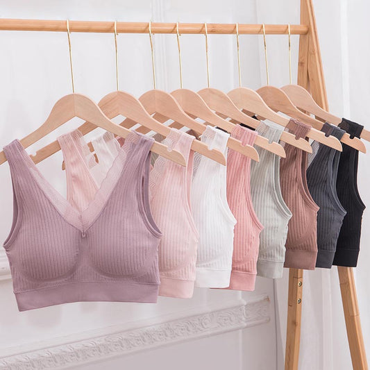 High-quality In-stock Lace Seamless Bra Padded For Women Sexy V-neck Padded Bra Tops Wirefree Ribbed Bralette Underwear