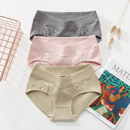 Low Waist Cotton Women Pregnancy Panties Under The Bump Lace Postpartum Briefs Criss-cross Maternity Underwear